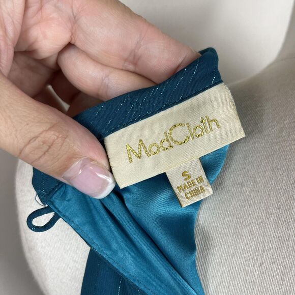 ModCloth Top Womens Small Teal Peter Pan Collar Metallic Belted Blouse Mod Retro - Picture 6 of 10
